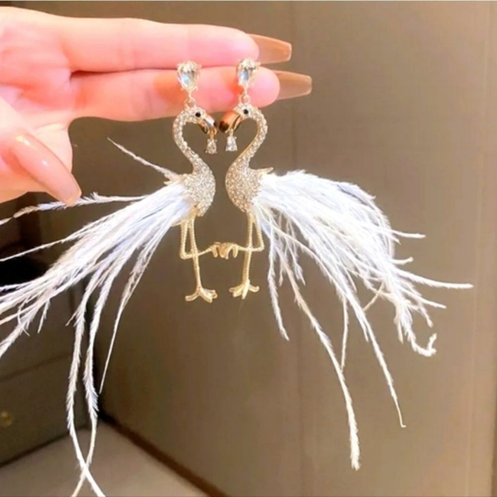 New SILVER POST FLAMINGO RHINESTONE WHITE FEATHER EARRINGS